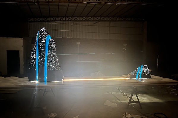 Custom Stainless Steel Mountain Sculpture with LED Light Connection – Futuristic Indoor Art Installation